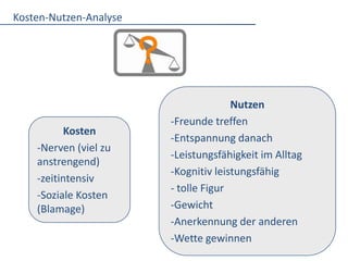 Sitzende FreizeitJe weniger, desto besserKrafttraining2-5x pro WocheMindestens 10 MinutenAusdauersport3-7 Tage pro WocheMind. 10 Minuten am StückAlltagsbewegungmöglichst täglichBekanntmachen mit den BewegungsempfehlungenAn mindestens 5 Tagen der Woche 30 min körperlich aktiv sein = mind. 150 min/Woche! 
