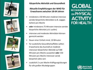 Körperliche Aktivität und GesundheitAktuelle Empfehlungen der WHO für Erwachsene zwischen 18-64 Jahrenmindestens 150 Minuten moderat-intensive aerobe körperliche Aktivitäten (z.B. zügiges Gehen) pro Woche