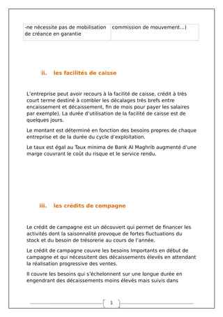 1
-ne nécessite pas de mobilisation
de créance en garantie
commission de mouvement…)
ii. les facilités de caisse
L’entreprise peut avoir recours à la facilité de caisse, crédit à très
court terme destiné à combler les décalages très brefs entre
encaissement et décaissement, fin de mois pour payer les salaires
par exemple). La durée d’utilisation de la facilité de caisse est de
quelques jours.
Le montant est déterminé en fonction des besoins propres de chaque
entreprise et de la durée du cycle d’exploitation.
Le taux est égal au Taux minima de Bank Al Maghrib augmenté d’une
marge couvrant le coût du risque et le service rendu.
iii. les crédits de compagne
Le crédit de campagne est un découvert qui permet de financer les
activités dont la saisonnalité provoque de fortes fluctuations du
stock et du besoin de trésorerie au cours de l’année.
Le crédit de campagne couvre les besoins Importants en début de
campagne et qui nécessitent des décaissements élevés en attendant
la réalisation progressive des ventes.
Il couvre les besoins qui s’échelonnent sur une longue durée en
engendrant des décaissements moins élevés mais suivis dans
 