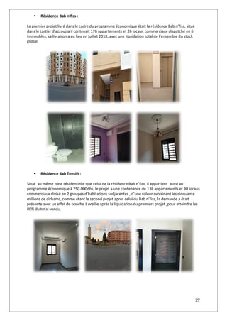 29
 Résidence Bab n’fiss :
Le premier projet livré dans le cadre du programme économique était la résidence Bab n’fiss, situé
dans le cartier d’azzouzia il contenait 176 appartements et 26 locaux commerciaux dispatché en 6
immeubles, sa livraison a eu lieu en juillet 2018, avec une liquidation total de l’ensemble du stock
global.
 Résidence Bab Tensift :
Situé au même zone résidentielle que celui de la résidence Bab n’fiss, il appartient aussi au
programme économique à 250.000dhs, le projet a une contenance de 136 appartements et 30 locaux
commerciaux divisé en 2 groupes d’habitations sudjacentes , d’une valeur avoisinant les cinquante
millions de dirhams, comme étant le second projet après celui du Bab n’fiss, la demande a était
présente avec un effet de bouche à oreille après la liquidation du premiers projet ,pour atteindre les
80% du total vendu.
 
