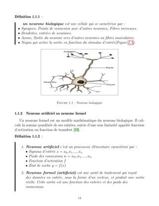 Définition 1.1.1 :
un neurone biologique est une cellule qui se caractérise par :
• Synapses, Points de connexion avec d’autres neurones, Fibres nerveuses.
• Dendrites, entrées de neurones.
• Axone, Sortie du neurone vers d’autres neurones ou fibres musculaires.
• Noyau qui active la sortie en fonction du stimulus d’entrée(Figure 1.1).
Figure 1.1 – Neurone biologique
1.1.2 Neurone artificiel ou neurone formel
Un neurone formel est un modèle mathématique du neurone biologique. Il cal-
cule la somme pondérée de ses entrées, suivie d’une non linéarité appelée fonction
d’activation ou fonction de transfert [10].
Définition 1.1.2 :
1. Neurone artificiel c’est un processeur élémentaire caractérisé par :
• Signaux d’entrée x = x0, x1, ..., xn
• Poids des connexions w = w0, w1, ..., wn
• Fonction d’activation f
• État de sortie y = f(x)
2. Neurone formel (artificiel) est une unité de traitement qui reçoit
des données en entrée, sous la forme d’un vecteur, et produit une sortie
réelle. Cette sortie est une fonction des entrées et des poids des
connexions.
14
 