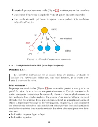 Exemple : le perceptron monocouche (Figure 1.4) se décompose en deux couches :
• Une couche d’entrée qui s’appelle la rétine et qui est une aire sensorielle.
• Une couche de sortie qui donne la réponse correspondante à la simulation
présentée à l’entrée .
Figure 1.4 – Exemple d’un perceptron monocouche
1.3.1.2 Perceptron multicouche MLP (Multi LayerPerceptron) :
Définition 1.3.3 :
Le Perceptron multicouche est un réseau dirigé de neurones artificiels en
couches, où l’information circule dans une seule direction, de la couche d’en-
trée à la couche de sortie.
Fonctionnement :
Le perceptron multicouches (Figure 1.5) est un modèle possédant une grande ca-
pacité de calcul. Sa structure est composée d’une couche d’entrée, une couche de
sortie, interprétée comme étant la réponse du réseau et d’une ou plusieurs couches
intermédiaires dites couches cachées. Un neurone d’une couche inférieure ne peut
être relié qu’à des neurones des couches suivantes. Il suit un apprentissage appris et
utilise la règle d’apprentissage de rétropropagation. En général, le fonctionnement
des neurones du perceptron multicouches est animé par une fonction d’activation
non linéaire au moins dans une des couches. Les choix classiques pour cette fonc-
tion sont :
• La fonction tangente hyperbolique.
• La fonction sigmoı̈de.
21
 
