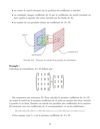 • on centre le motif retourné sur la position du coefficient à calculer.
• on multiplie chaque coefficient de A par le coefficient du motif retourné en
face (quitte à ajouter des zéros virtuels sur les bords de A).
• la somme de ces produits donne un coefficient de A ∗ M.
Figure 2.6 – Principe de calcule d’un produit de convolution.
Exemple :
Calculons la convolution A ∗ M définie par :
On commence par retourner M. Pour calculer le premier coefficient de A ∗ M ,
on centre le motif sur le premier coefficient de A, puis on rajoute des zéros virtuels
à gauche et en haut. Ensuite on calcule les produits des coefficients de la matrice
M retournée avec les coefficients de A correspondants, et on les additionne :
0 × 3 + 0 × 0 + 0 × 1 + 0 × 0 + 2 × 1 + 1 × 2 + 0 × 2 + 1 × 0 + 1 × 1
Cette somme vaut 5, c’est le premier coefficient de A ∗ M.
46
 