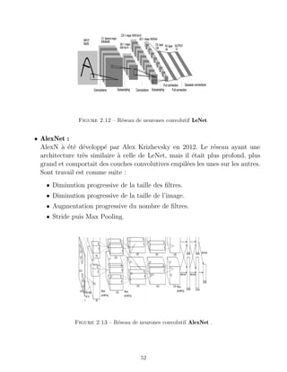 Figure 2.12 – Réseau de neurones convolutif LeNet.
• AlexNet :
AlexN à été développé par Alex Krizhevsky en 2012. Le réseau ayant une
architecture très similaire à celle de LeNet, mais il était plus profond, plus
grand et comportait des couches convolutives empilées les unes sur les autres.
Sont travail est comme suite :
• Diminution progressive de la taille des filtres.
• Diminution progressive de la taille de l’image.
• Augmentation progressive du nombre de filtres.
• Stride puis Max Pooling.
Figure 2.13 – Réseau de neurones convolutif AlexNet .
52
 