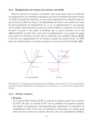 2.2.4 Régularisation des réseaux de neurones convolutifs
Pour les réseaux de neurones convolutifs, nous avons deux types de méthodes
de régularisation, des méthodes empiriques qui sont des méthodes pratiques basées
sur l’effet des poids de connexion, et nous avons également des méthodes explicites
qui incluent la taille du réseau et la dégradation du réseau, qui contient les types
les plus importants de régularisation L1 et L2, la régularisation L1 son principe
est de réduire aléatoirement les poids des entrées faibles en ajoutant à la fonction
de perte la norme 1 des poids, le problème que ce genre rencontre est la non
différentiabilité au point zéro, mais pour la régularisation L2 on ajoute la norme
2 des poids à la fonction de perte qui est dérivable sans problème (Figure 2.15),
le but de cette régularisation est de réduire le poids des entrées fortes, ces deux
types de régularisations en termes pratiques ne sont pas encore développés [33].
Figure 2.15 – Comparaison des régularisations de Tikhonov (L2 au carré) et L1 en une dimension.
Les courbes bleues représentent les régularisateurs en fonction de α , et les courbes rouges sont les
dérivés.
2.2.4.1 Méthodes empiriques
• Dropout
Les couches Fully Connected (FC) occupent la majeure partie de la mémoire
de CNN. De plus, le concept de FC crée un problème de mémoire exponen-
tiel appelé sur-ajustement (sur-apprentissage) ralentissant le traitement de
l’information. Pour éviter cela, la méthode de décrochage est utilisée pour
désactiver les neurones de manière aléatoire (avec une probabilité prédéfinie,
56
 