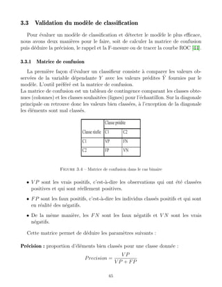 3.3 Validation du modèle de classification
Pour évaluer un modèle de classification et détecter le modèle le plus efficace,
nous avons deux manières pour le faire, soit de calculer la matrice de confusion
puis déduire la précision, le rappel et la F-mesure ou de tracer la courbe ROC [44].
3.3.1 Matrice de confusion
La première façon d’évaluer un classifieur consiste à comparer les valeurs ob-
servées de la variable dépendante Y avec les valeurs prédites Ŷ fournies par le
modèle. L’outil préféré est la matrice de confusion.
La matrice de confusion est un tableau de contingence comparant les classes obte-
nues (colonnes) et les classes souhaitées (lignes) pour l’échantillon. Sur la diagonale
principale on retrouve donc les valeurs bien classées, à l’exception de la diagonale
les éléments sont mal classés.
Figure 3.4 – Matrice de confusion dans le cas binaire
• V P sont les vrais positifs, c’est-à-dire les observations qui ont été classées
positives et qui sont réellement positives.
• FP sont les faux positifs, c’est-à-dire les individus classés positifs et qui sont
en réalité des négatifs.
• De la même manière, les FN sont les faux négatifs et V N sont les vrais
négatifs.
Cette matrice permet de déduire les paramètres suivants :
Précision : proportion d’éléments bien classés pour une classe donnée :
Precision =
V P
V P + FP
65
 