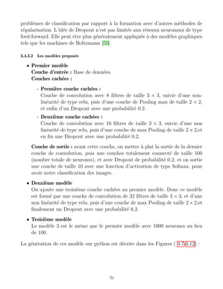 problèmes de classification par rapport à la formation avec d’autres méthodes de
régularisation. L’idée de Dropout n’est pas limitée aux réseaux neuronaux de type
feed-forward. Elle peut être plus généralement appliquée à des modèles graphiques
tels que les machines de Boltzmann [50].
3.4.3.2 Les modèles proposés
• Premier modèle
Couche d’entrée : Base de données.
Couches cachées :
- Première couche cachées :
Couche de convolution avec 8 filtres de taille 3 × 3, suivie d’une non-
linéarité de type relu, puis d’une couche de Pooling max de taille 2 × 2,
et enfin d’un Dropout avec une probabilité 0.2.
- Deuxième couche cachées :
Couche de convolution avec 16 filtres de taille 3 × 3, suivie d’une non
linéarité de type relu, puis d’une couche de max Pooling de taille 2 × 2,et
en fin une Dropout avec une probabilité 0.2.
Couche de sortie : avant cette couche, on mettre à plat la sortie de la dernier
couche de convolution, puis une couches totalement connecté de taille 100
(nombre totale de neurones), et avec Dropout de probabilité 0.2, et on sortie
une couche de taille 10 avec une fonction d’activation de type Sofmax, pour
avoir notre classification des images.
• Deuxième modèle
On ajoute une troisième couche cachées au premier modèle. Donc ce modèle
est formé par une couche de convolution de 32 filtres de taille 3 × 3, et d’une
non linéarité de type relu, puis d’une couche de max Pooling de taille 2×2,et
finalement un Dropout avec une probabilité 0.2.
• Troisième modèle
Le modèle 3 est le même que le premier modèle avec 1000 neurones au lieu
de 100.
La génération de ces modèle sur python est décrite dans les Figures ( 3.7-3.12) :
70
 