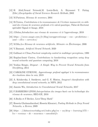 [12] H. Abdi,Neural Network,M. Lewis-Beck, A. Brymanet T. Futing
(Eds.),Encyclopedia of Social Sciences Research Methods, 2003
[13] M.Parizeau, Réseaux de neurones, 2004
[14] B.Cirstea, Contributions à la reconnaissance de l’écriture manuscrite en utili-
sant des réseaux de neurones profonds et le calcul quantique, Thèse de Doctorat
spécialité Signal et Image, 2018
[15] J.Delon,Introduction aux réseaux de neurones et à l’apprentissage, 2018
[16] https : //www.saagie.com/fr/blog/surapprentissage − vos − predictions −
sont − elles − correctes/
[17] M.Sila,Les Réseaux de neurones artificiels, Mémoire en Électronique, 2006
[18] Y.Bannani, Artificiel Neural Network, 2020
[19] Gallinari et Cibas,Practical complexity control in multilayer perceptrons, 1999
[20] Bogdan-Ionut Cirstea, Contributions to handwriting recognition using deep
neural networks and quantum computing, 2018
[21] Yoshua Bengio, Dropout : A Simple Way to Prevent Neural Networks from
Overfitting, 2014
[22] CAROLINE ETIENNE, Apprentissage profond appliqué à la reconnaissance
des émotions dans la voix, 2019
[23] A. Krizhevsky, I. Sutskever, and G. E. Hinton, Imagenet classification with
deep convolutional neural networks, in NIPS, 2012
[24] Jianxin Wu, Introduction to Convolutional Neural Networks, 2017
[25] F.BARREIRO LINDO,Interprétation des images basée sur la technologie des
réseaux de neurones, HEG-GE, 2018
[26] A.Bodin et F.Recher, Livre”Deep Math”
[27] Hossein Gholamalinezhad, Hossein Khosravi, Pooling Methods in Deep Neural
Networks, a Review, 2009
[28] https : //datasciencetoday.net/index.php/en − us/deep − learning/173 −
les − reseaux − de − neurones − convolutifs
82
 