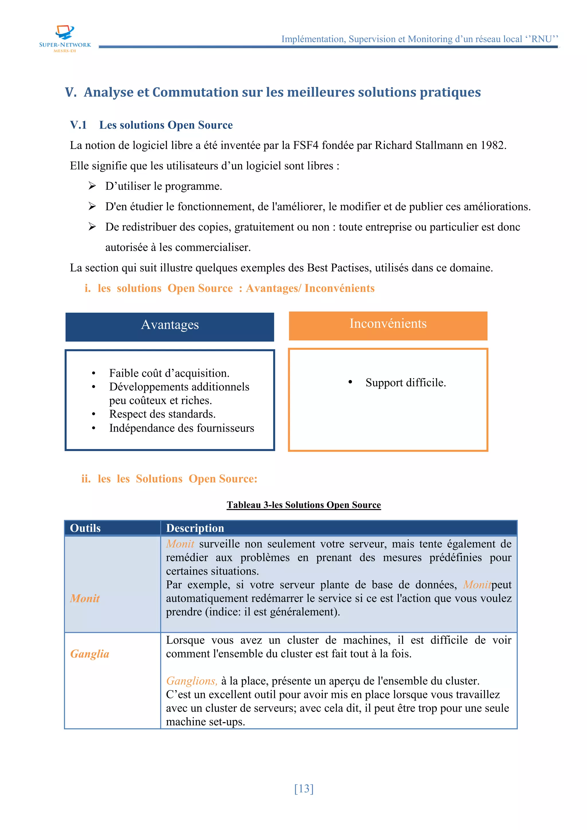 Implémentation, Supervision et Monitoring d’un réseau local ‘’RNU’’
[13]
V. Analyse et Commutation sur les meilleures solutions pratiques
V.1 Les solutions Open Source
La notion de logiciel libre a été inventée par la FSF4 fondée par Richard Stallmann en 1982.
Elle signifie que les utilisateurs d’un logiciel sont libres :
 D’utiliser le programme.
 D'en étudier le fonctionnement, de l'améliorer, le modifier et de publier ces améliorations.
 De redistribuer des copies, gratuitement ou non : toute entreprise ou particulier est donc
autorisée à les commercialiser.
La section qui suit illustre quelques exemples des Best Pactises, utilisés dans ce domaine.
i. les solutions Open Source : Avantages/ Inconvénients
ii. les les Solutions Open Source:
Tableau 3-les Solutions Open Source
Outils Description
Monit
Monit surveille non seulement votre serveur, mais tente également de
remédier aux problèmes en prenant des mesures prédéfinies pour
certaines situations.
Par exemple, si votre serveur plante de base de données, Monitpeut
automatiquement redémarrer le service si ce est l'action que vous voulez
prendre (indice: il est généralement).
Ganglia
Lorsque vous avez un cluster de machines, il est difficile de voir
comment l'ensemble du cluster est fait tout à la fois.
Ganglions, à la place, présente un aperçu de l'ensemble du cluster.
C’est un excellent outil pour avoir mis en place lorsque vous travaillez
avec un cluster de serveurs; avec cela dit, il peut être trop pour une seule
machine set-ups.
InconvénientsAvantages
• Support difficile.
• Faible coût d’acquisition.
• Développements additionnels
peu coûteux et riches.
• Respect des standards.
• Indépendance des fournisseurs
 