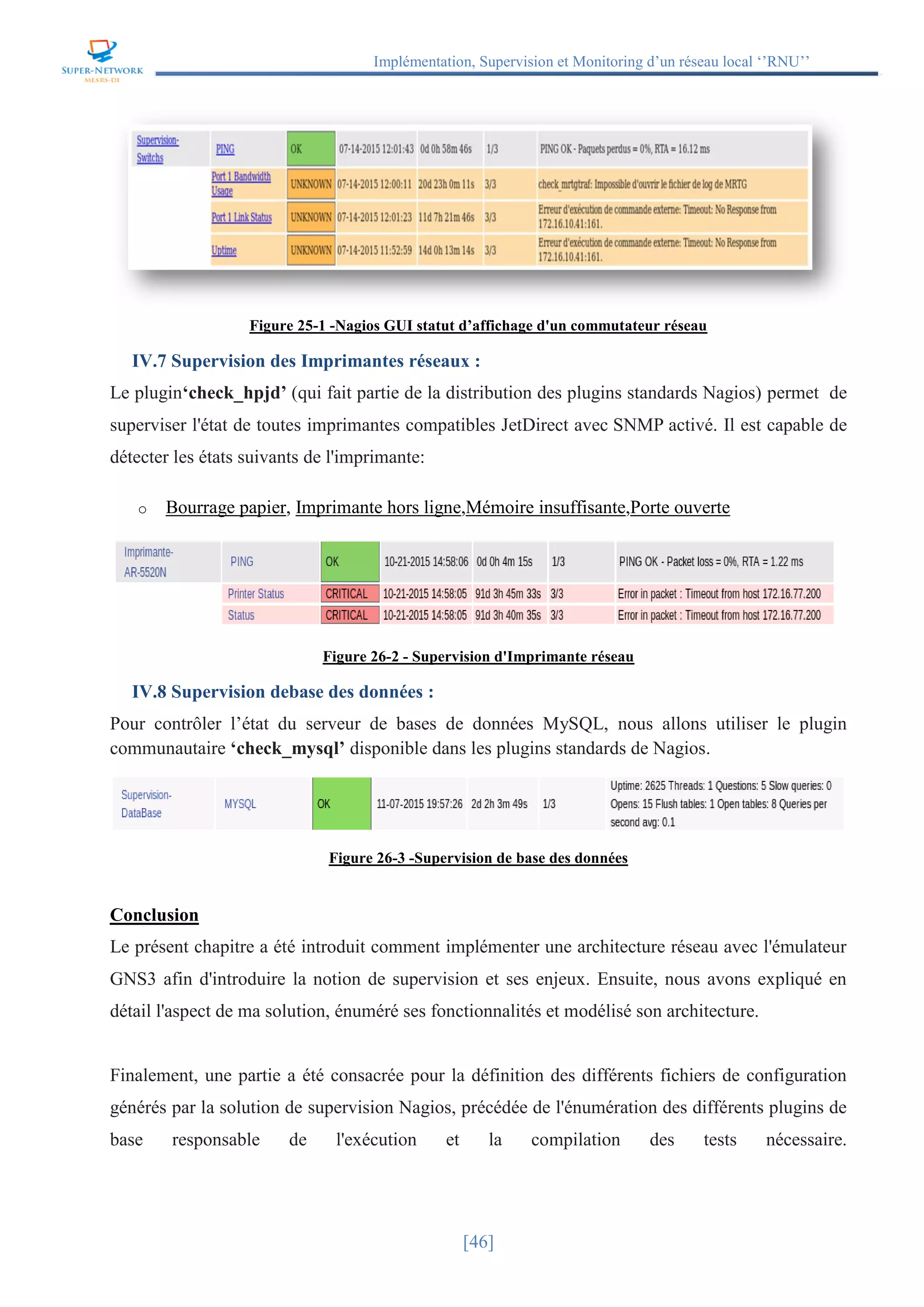 Implémentation, Supervision et Monitoring d’un réseau local ‘’RNU’’
[46]
Figure 25-1 -Nagios GUI statut d’affichage d'un commutateur réseau
IV.7 Supervision des Imprimantes réseaux :
Le plugin‘check_hpjd’ (qui fait partie de la distribution des plugins standards Nagios) permet de
superviser l'état de toutes imprimantes compatibles JetDirect avec SNMP activé. Il est capable de
détecter les états suivants de l'imprimante:
o Bourrage papier, Imprimante hors ligne,Mémoire insuffisante,Porte ouverte
Figure 26-2 - Supervision d'Imprimante réseau
IV.8 Supervision debase des données :
Pour contrôler l’état du serveur de bases de données MySQL, nous allons utiliser le plugin
communautaire ‘check_mysql’ disponible dans les plugins standards de Nagios.
Figure 26-3 -Supervision de base des données
Conclusion
Le présent chapitre a été introduit comment implémenter une architecture réseau avec l'émulateur
GNS3 afin d'introduire la notion de supervision et ses enjeux. Ensuite, nous avons expliqué en
détail l'aspect de ma solution, énuméré ses fonctionnalités et modélisé son architecture.
Finalement, une partie a été consacrée pour la définition des différents fichiers de configuration
générés par la solution de supervision Nagios, précédée de l'énumération des différents plugins de
base responsable de l'exécution et la compilation des tests nécessaire.
 