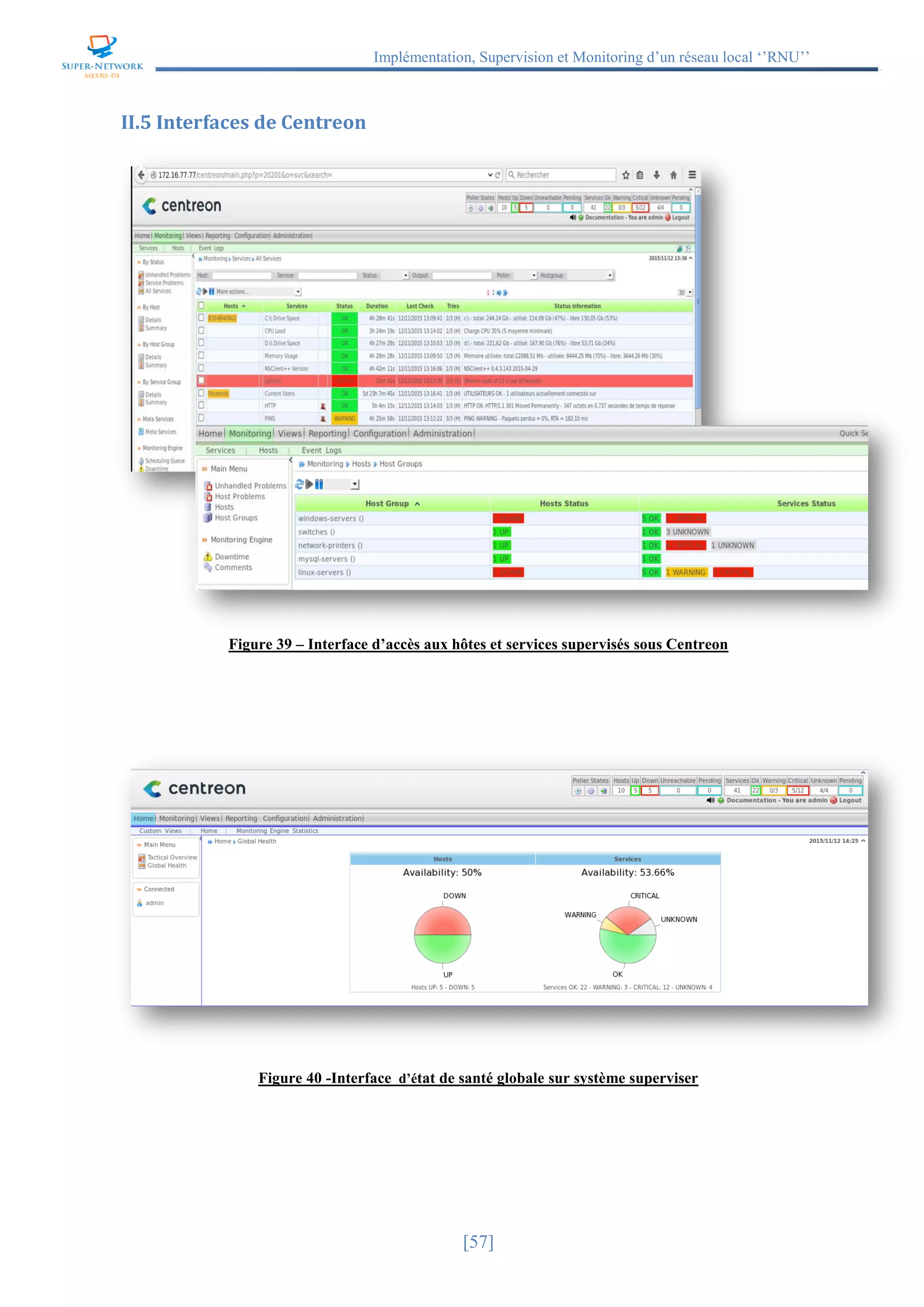 Implémentation, Supervision et Monitoring d’un réseau local ‘’RNU’’
[57]
II.5 Interfaces de Centreon
Figure 39 – Interface d’accès aux hôtes et services supervisés sous Centreon
Figure 40 -Interface d’état de santé globale sur système superviser
 