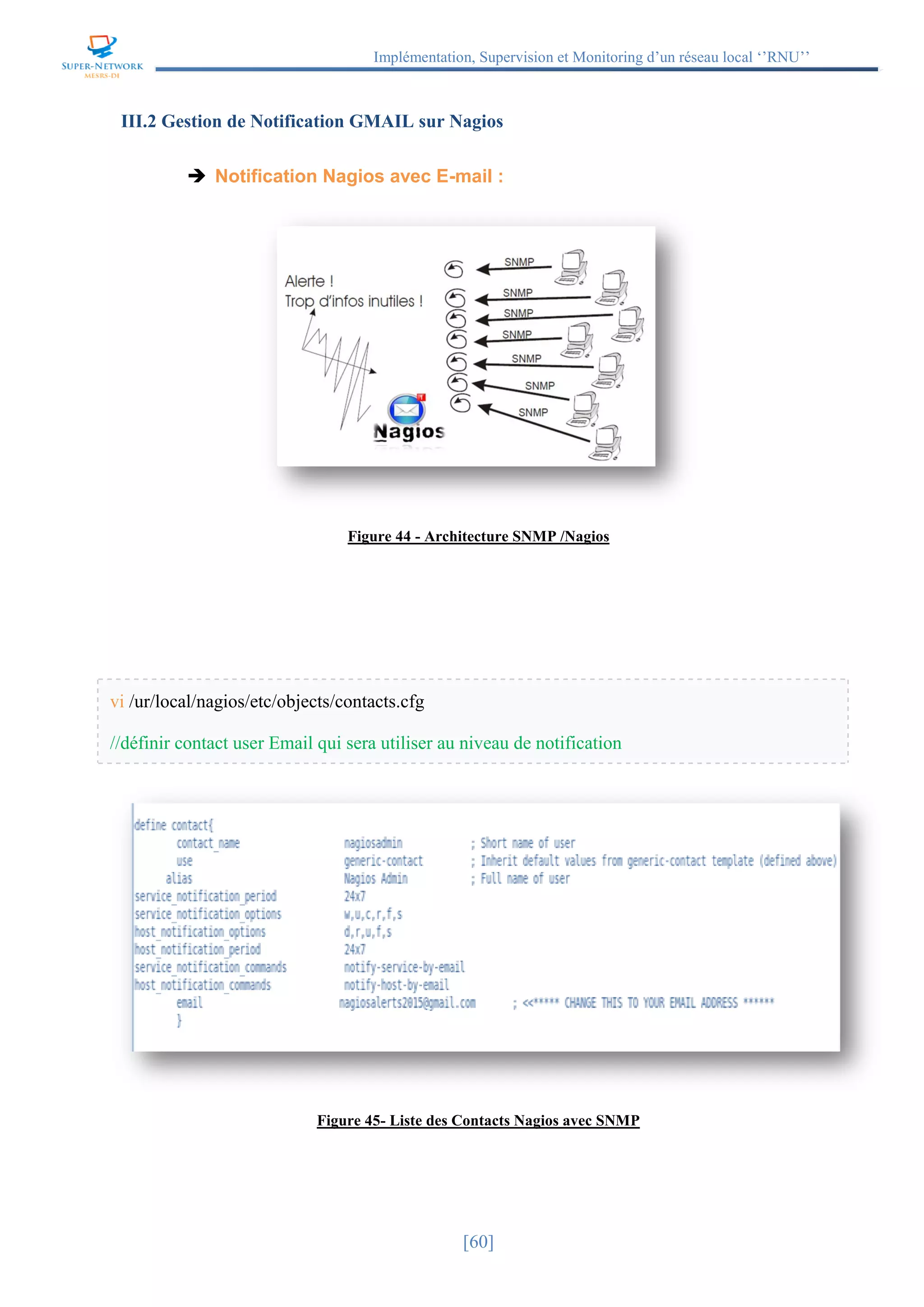 Implémentation, Supervision et Monitoring d’un réseau local ‘’RNU’’
[60]
III.2 Gestion de Notification GMAIL sur Nagios
 Notification Nagios avec E-mail :
Figure 44 - Architecture SNMP /Nagios
vi /ur/local/nagios/etc/objects/contacts.cfg
//définir contact user Email qui sera utiliser au niveau de notification
Figure 45- Liste des Contacts Nagios avec SNMP
 