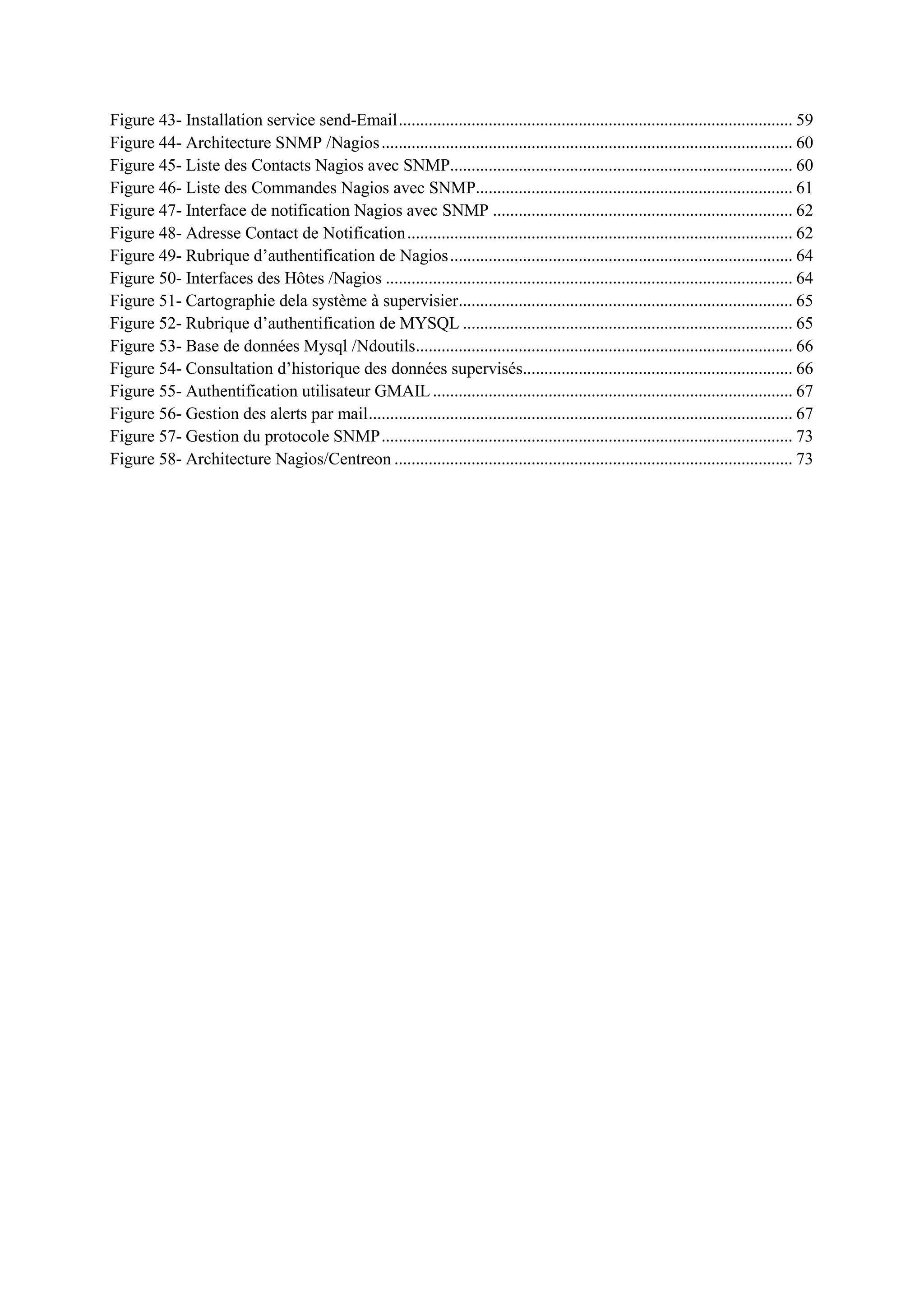 Figure 43- Installation service send-Email............................................................................................ 59
Figure 44- Architecture SNMP /Nagios................................................................................................ 60
Figure 45- Liste des Contacts Nagios avec SNMP................................................................................ 60
Figure 46- Liste des Commandes Nagios avec SNMP.......................................................................... 61
Figure 47- Interface de notification Nagios avec SNMP ...................................................................... 62
Figure 48- Adresse Contact de Notification.......................................................................................... 62
Figure 49- Rubrique d’authentification de Nagios................................................................................ 64
Figure 50- Interfaces des Hôtes /Nagios ............................................................................................... 64
Figure 51- Cartographie dela système à supervisier.............................................................................. 65
Figure 52- Rubrique d’authentification de MYSQL ............................................................................. 65
Figure 53- Base de données Mysql /Ndoutils........................................................................................ 66
Figure 54- Consultation d’historique des données supervisés............................................................... 66
Figure 55- Authentification utilisateur GMAIL.................................................................................... 67
Figure 56- Gestion des alerts par mail................................................................................................... 67
Figure 57- Gestion du protocole SNMP................................................................................................ 73
Figure 58- Architecture Nagios/Centreon ............................................................................................. 73
 