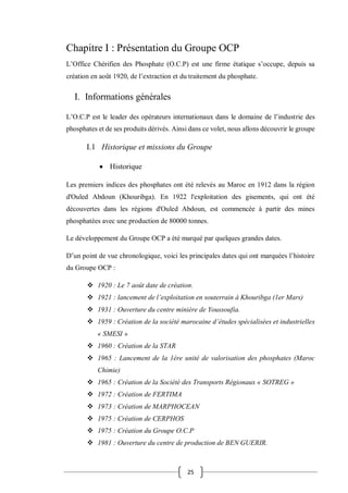 25
Chapitre I : Présentation du Groupe OCP
L’Office Chérifien des Phosphate (O.C.P) est une firme étatique s’occupe, depuis sa
création en août 1920, de l’extraction et du traitement du phosphate.
I. Informations générales
L’O.C.P est le leader des opérateurs internationaux dans le domaine de l’industrie des
phosphates et de ses produits dérivés. Ainsi dans ce volet, nous allons découvrir le groupe
I.1 Historique et missions du Groupe
 Historique
Les premiers indices des phosphates ont été relevés au Maroc en 1912 dans la région
d'Ouled Abdoun (Khouribga). En 1922 l'exploitation des gisements, qui ont été
découvertes dans les régions d'Ouled Abdoun, est commencée à partir des mines
phosphatées avec une production de 80000 tonnes.
Le développement du Groupe OCP a été marqué par quelques grandes dates.
D’un point de vue chronologique, voici les principales dates qui ont marquées l’histoire
du Groupe OCP :
 1920 : Le 7 août date de création.
 1921 : lancement de l’exploitation en souterrain à Khouribga (1er Mars)
 1931 : Ouverture du centre minière de Youssoufia.
 1959 : Création de la société marocaine d’études spécialisées et industrielles
« SMESI »
 1960 : Création de la STAR
 1965 : Lancement de la 1ère unité de valorisation des phosphates (Maroc
Chimie)
 1965 : Création de la Société des Transports Régionaux « SOTREG »
 1972 : Création de FERTIMA
 1973 : Création de MARPHOCEAN
 1975 : Création de CERPHOS
 1975 : Création du Groupe O.C.P
 1981 : Ouverture du centre de production de BEN GUERIR.
 