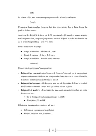 35
Prêts
Le prêt est offert pour tout ouvrier pour permettre les achats de ses besoins.
Congés
L'ensemble du personnel du Groupe a droit à un congé annuel dont la durée dépend du
grade et de l'ancienneté.
Ainsi pour les TAMCA, la durée est de 30 jours dans les 10 premières années, et cette
durée augmente d'un jour par an jusqu'au maximum de 37 jours. Pour les ouvriers elle est
de 21 jours et augmente de 1 jour pour 2 ans.
Pour d’autres types de congés :
 Congé de naissance : de durée de 3 jours.
 Congé de mariage : de durée de 4 jours.
 Congé de maternité : de durée de 10 semaines.
Indemnités
Il existe plusieurs formes d’indemnisation :
 Indemnité de transport : dans le cas où le Groupe n'assurerait pas le transport des
ouvriers, ces derniers reçoivent une compensation financière dont la valeur dépend de
la distance entre le domicile et le lieu de travail.
 Indemnité de logement : si le logement n'est pas à la disposition de l'ouvrier celui-ci
bénéficiera d'un montant chaque mois qui diffère suivant le grade.
 Indemnité de panier : elle est accordée aux agents astreints travaillant en poste
horaire continue :
 1er et 2ème poste ou horaire continue : 15.00 DH
 3ème poste : 30.00 DH
Il faut aussi signaler autres avantages tels que :
 Colonies de vacance pour les enfants ;
 Piscines, buvettes, bain, économat…
 