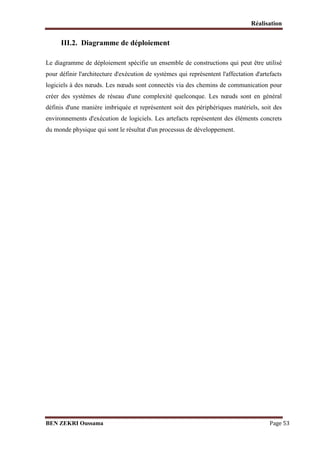 Réalisation

III.2. Diagramme de déploiement
Le diagramme de déploiement spécifie un ensemble de constructions qui peut être utilisé
pour définir l'architecture d'exécution de systèmes qui représentent l'affectation d'artefacts
logiciels à des nœuds. Les nœuds sont connectés via des chemins de communication pour
créer des systèmes de réseau d'une complexité quelconque. Les nœuds sont en général
définis d'une manière imbriquée et représentent soit des périphériques matériels, soit des
environnements d'exécution de logiciels. Les artefacts représentent des éléments concrets
du monde physique qui sont le résultat d'un processus de développement.

BEN ZEKRI Oussama

Page 53

 