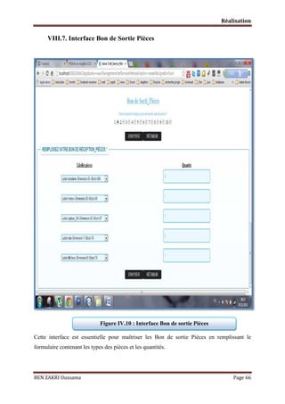 Réalisation

VIII.7. Interface Bon de Sortie Pièces

Figure IV.10 : Interface Bon de sortie Pièces
Cette interface est essentielle pour maîtriser les Bon de sortie Pièces en remplissant le
formulaire contenant les types des pièces et les quantités.

BEN ZAKRI Oussama

Page 66

 