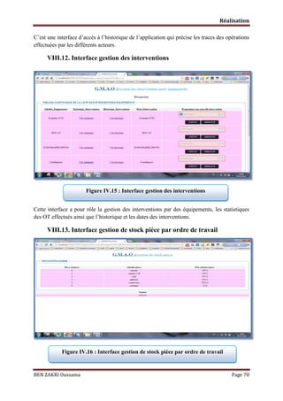 Réalisation
C’est une interface d’accès à l’historique de l’application qui précise les traces des opérations
effectuées par les différents acteurs.

VIII.12. Interface gestion des interventions

Figure IV.15 : Interface gestion des interventions
Cette interface a pour rôle la gestion des interventions par des équipements, les statistiques
des OT effectués ainsi que l’historique et les dates des interventions.

VIII.13. Interface gestion de stock pièce par ordre de travail

Figure IV.16 : Interface gestion de stock pièce par ordre de travail

BEN ZAKRI Oussama

Page 70

 