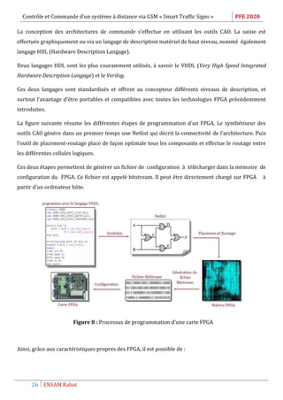 Contrôle et Commande d’un système à distance via GSM « Smart Traffic Signs » PFE 2020
26 ENSAM Rabat
La conception des architectures de commande s’effectue en utilisant les outils CAO. La saisie est
effectuée graphiquement ou via un langage de description matériel de haut niveau, nommé également
langage HDL (Hardware Description Langage).
Deux langages HDL sont les plus couramment utilisés, à savoir le VHDL (Very High Speed Integrated
Hardware Description Langage) et le Verilog.
Ces deux langages sont standardisés et offrent au concepteur différents niveaux de description, et
surtout l’avantage d’être portables et compatibles avec toutes les technologies FPGA précédemment
introduites.
La figure suivante résume les différentes étapes de programmation d’un FPGA. Le synthétiseur des
outils CAO génère dans un premier temps une Netlist qui décrit la connectivité de l’architecture. Puis
l’outil de placement-routage place de façon optimale tous les composants et effectue le routage entre
les différentes cellules logiques.
Ces deux étapes permettent de générer un fichier de configuration à télécharger dans la mémoire de
configuration du FPGA. Ce fichier est appelé bitstream. Il peut être directement chargé sur FPGA à
partir d’un ordinateur hôte.
Figure 8 : Processus de programmation d’une carte FPGA
Ainsi, grâce aux caractéristiques propres des FPGA, il est possible de :
 