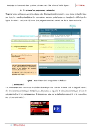 Contrôle et Commande d’un système à distance via GSM « Smart Traffic Signs » PFE 2020
40 ENSAM Rabat
ii. Structure d’un programme enArduino
Un programme utilisateur Arduino est une suite d’instructions élémentaires sous forme textuelle, ligne
par ligne. La carte lit puis effectue les instructions les unes après les autres, dans l’ordre défini par les
lignes de code. La structure d’écriture d’un programme sous Arduino est de la forme suivante :
Figure 18 : Structure d’un programme en Arduino
2. Proteus ISIS
Les premiers tests de simulation du système domotique sont faits sur Proteus ISIS, le logiciel fameux
des simulations des montages électroniques. En plus de sa capacité de simuler des montages à base de
microcontrôleur, il permet davantage de donner une idée sur la réalisation matérielle et la conception
des circuits imprimés.[11
 
