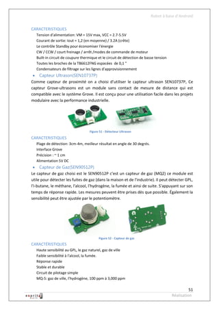 Robot à base d’Android

CARACTERISTIQUES
   Tension d'alimentation: VM = 15V max, VCC = 2.7-5.5V
   Courant de sortie: Iout = 1,2 (en moyenne) / 3.2A (crête)
   Le contrôle Standby pour économiser l'énergie
   CW / CCW / court freinage / arrêt /modes de commande de moteur
   Built-in circuit de coupure thermique et le circuit de détection de basse tension
   Toutes les broches de la TB6612FNG espacées de 0,1 "
   Condensateurs de filtrage sur les lignes d'approvisionnement
  Capteur Ultrason(SEN10737P)
Comme capteur de proximité on a choisi d’utiliser le capteur ultrason SEN10737P, Ce
capteur Grove-ultrasons est un module sans contact de mesure de distance qui est
compatible avec le système Grove. Il est conçu pour une utilisation facile dans les projets
modulaire avec la performance industrielle.




                                    Figure 51 - Détecteur Ultrason
CARACTERISTIQUES
   Plage de détection: 3cm-4m, meilleur résultat en angle de 30 degrés.
   Interface Grove
   Précision : ~ 1 cm
   Alimentation 5V DC
  Capteur de Gaz(SEN90512P)
Le capteur de gaz choisi est le SEN90512P c’est un capteur de gaz (MQ2) ce module est
utile pour détecter les fuites de gaz (dans la maison et de l'industrie). Il peut détecter GPL,
l'i-butane, le méthane, l'alcool, l'hydrogène, la fumée et ainsi de suite. S'appuyant sur son
temps de réponse rapide. Les mesures peuvent être prises dès que possible. Également la
sensibilité peut être ajustée par le potentiomètre.




                                          Figure 52 - Capteur de gaz
CARACTÉRISTIQUES
   Haute sensibilité au GPL, le gaz naturel, gaz de ville
   Faible sensibilité à l'alcool, la fumée.
   Réponse rapide
   Stable et durable
   Circuit de pilotage simple
   MQ-5: gaz de ville, l'hydrogène, 100 ppm à 3,000 ppm

                                                                                                 51
                                                                                       Réalisation
 