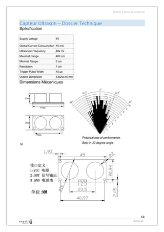 Robot à base d’Android


Capteur Ultrason – Dossier Technique
Spécification

Supply voltage            5V

Global Current Consumption 15 mA
Ultrasonic Frequency      40k Hz
Maximal Range             400 cm
Minimal Range             3 cm
Resolution                1 cm
Trigger Pulse Width       10 μs
Outline Dimension         43x20x15 mm

Dimensions Mécaniques




M




                                                           64
                                                      Annexe
 