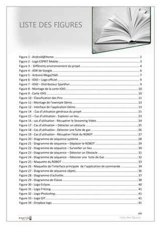 Robot à base d’Android



LISTE DES FIGURES



Figure 1 - Android@Home ......................................................................................................... 1
Figure 2 - Logo ESPRIT Mobile .................................................................................................... 3
Figure 3 - Différents environnement du projet ......................................................................... 4
Figure 4 - ADK de Google............................................................................................................ 6
Figure 5 - Arduino Mega2560..................................................................................................... 7
Figure 6 - IOIO – Logo officiel ..................................................................................................... 9
Figure 7 - IOIO – Distributeur Sparkfun ...................................................................................... 9
Figure 8 - Montage de la carte IOIO ......................................................................................... 10
Figure 9 - Carte IOIO ................................................................................................................. 10
Figure 10 - Classification des Pins ............................................................................................ 11
Figure 11 - Montage de l'exemple Démo ................................................................................. 13
Figure 12 - Interface de l'application Démo ............................................................................. 13
Figure 14 - Cas d’utilisation généraux du projet ..................................................................... 21
Figure 15 – Cas d’utilisation - Explorer un lieu ......................................................................... 23
Figure 16 - cas d'utilisation - Récupérer le Streaming Vidéo ................................................... 24
Figure 17 - Cas d'utilisation – Détecter un obstacle ................................................................ 25
Figure 18 - Cas d'utilisation - Détecter une fuite de gaz .......................................................... 26
Figure 19 - Cas d'utilisation - Récupérer l’état du ROBOT ....................................................... 27
Figure 20 - Diagramme de séquence système ......................................................................... 28
Figure 21 - Diagramme de séquence – Déplacer le ROBOT ..................................................... 29
Figure 22 - Diagramme de séquence – Surveiller un lieu ........................................................ 30
Figure 23 - Diagramme de séquence – Détecter un Obstacle ................................................. 31
Figure 24 - Diagramme de séquence – Détecter une fuite de Gaz ......................................... 32
Figure 25 - Maquette du ROBOT .............................................................................................. 33
Figure 26 - Maquette de l’interface principale de l’application de commande ..................... 34
Figure 27 - Diagramme de séquence objets............................................................................. 36
Figure 28 - Diagramme d'activités............................................................................................ 37
Figure 29 - Diagramme de Classe ............................................................................................. 38
Figure 30 - Logo Eclipse ............................................................................................................ 40
Figure 31 - Logo Fritzing ........................................................................................................... 41
Figure 32 - Logo Photoshop...................................................................................................... 41
Figure 33 - Logo GIT.................................................................................................................. 41
Figure 34 - Dropbox logo .......................................................................................................... 41


                                                                                                                                viii
                                                                                                                 Liste des figures
 