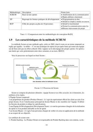 Méthodologie Description Points forts
SCRUM Basé sur des sprints • Amélioration de la communication
• Règles définies clairement
XP Regroupe les bonnes pratiques de développement • Programmation en duo
• Itératif et simple à mettre en oeuvre
RUP Cible des projets au plus de 10 personnes • Itératif et incrémental
• Permet la communication entre les
différents intervenants de projet
Table 1.1: Comparaison entre les méthodologies de conception Ref[9]
1.9 Les caractéristiques de la méthode SCRUM
La méthode Scrum est une méthode agile, créée en 2002, dont le nom est un terme emprunté au
rugby qui signifie  la mêlée . C’est une technique de reprise de jeu après faute qui remet une équipe
sur de bons rails par un effort collectif. Elle s’appuie sur le découpage des projets sprints. Un sprint a
une durée qui varie généralement entre deux semaines et un mois. REF[5]
Voici le processus sur lequel est basé Scrum :
Figure 1.2: Processus de Scrum
Scrum se compose de plusieurs éléments : équipe Scrum et ses rôles associés, les événements, les
artéfacts et les règles.
L’Équipe Scrum comprend :
1-un propriétaire de produit (Product Owner) : il s’agit du représentant officiel du client au sein d’un
projet Scrum. Il est l’interlocuteur principal du Scrum Master et des membres de l’équipe. Il définit
les besoins du produit et rédige les spécifications.
2-une Équipe de Développement (Development Team) : ce sont les personnes chargées de la réalisation
du sprint et d’un produit utilisable en fin de sprint
3-un Scrum Master : il s’agit d’une personne chargée de veiller à la mise en application de la méthode
et au respect de ses objectifs.
Les artéfacts de scrum sont :
1- Produit backlog : Le Product Owner est responsable du Produit Backlog dans son contenu, sa dis-
14
 
