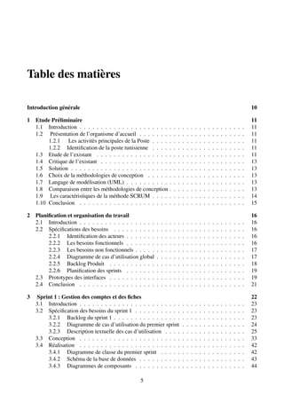 Table des matières
Introduction générale 10
1 Etude Préliminaire 11
1.1 Introduction . . . . . . . . . . . . . . . . . . . . . . . . . . . . . . . . . . . . . . . 11
1.2 Présentation de l’organisme d’accueil . . . . . . . . . . . . . . . . . . . . . . . . . 11
1.2.1 Les activitès principales de la Poste . . . . . . . . . . . . . . . . . . . . . . 11
1.2.2 Identification de la poste tunisienne . . . . . . . . . . . . . . . . . . . . . . 11
1.3 Etude de l’existant . . . . . . . . . . . . . . . . . . . . . . . . . . . . . . . . . . . 11
1.4 Critique de l’existant . . . . . . . . . . . . . . . . . . . . . . . . . . . . . . . . . . 13
1.5 Solution . . . . . . . . . . . . . . . . . . . . . . . . . . . . . . . . . . . . . . . . . 13
1.6 Choix de la méthodologies de conception . . . . . . . . . . . . . . . . . . . . . . . 13
1.7 Langage de modélisation (UML) . . . . . . . . . . . . . . . . . . . . . . . . . . . . 13
1.8 Comparaison entre les méthodologies de conception . . . . . . . . . . . . . . . . . . 13
1.9 Les caractéristiques de la méthode SCRUM . . . . . . . . . . . . . . . . . . . . . . 14
1.10 Conclusion . . . . . . . . . . . . . . . . . . . . . . . . . . . . . . . . . . . . . . . 15
2 Planification et organisation du travail 16
2.1 Introduction . . . . . . . . . . . . . . . . . . . . . . . . . . . . . . . . . . . . . . . 16
2.2 Spécifications des besoins . . . . . . . . . . . . . . . . . . . . . . . . . . . . . . . 16
2.2.1 Identification des acteurs . . . . . . . . . . . . . . . . . . . . . . . . . . . . 16
2.2.2 Les besoins fonctionnels . . . . . . . . . . . . . . . . . . . . . . . . . . . . 16
2.2.3 Les besoins non fonctionnels . . . . . . . . . . . . . . . . . . . . . . . . . . 17
2.2.4 Diagramme de cas d’utilisation global . . . . . . . . . . . . . . . . . . . . . 17
2.2.5 Backlog Produit . . . . . . . . . . . . . . . . . . . . . . . . . . . . . . . . 18
2.2.6 Planification des sprints . . . . . . . . . . . . . . . . . . . . . . . . . . . . 19
2.3 Prototypes des interfaces . . . . . . . . . . . . . . . . . . . . . . . . . . . . . . . . 19
2.4 Conclusion . . . . . . . . . . . . . . . . . . . . . . . . . . . . . . . . . . . . . . . 21
3 Sprint 1 : Gestion des comptes et des fiches 22
3.1 Introduction . . . . . . . . . . . . . . . . . . . . . . . . . . . . . . . . . . . . . . . 23
3.2 Spécification des besoins du sprint 1 . . . . . . . . . . . . . . . . . . . . . . . . . . 23
3.2.1 Backlog du sprint 1 . . . . . . . . . . . . . . . . . . . . . . . . . . . . . . . 23
3.2.2 Diagramme de cas d’utilisation du premier sprint . . . . . . . . . . . . . . . 24
3.2.3 Description textuelle des cas d’utilisation . . . . . . . . . . . . . . . . . . . 25
3.3 Conception . . . . . . . . . . . . . . . . . . . . . . . . . . . . . . . . . . . . . . . 33
3.4 Réalisation . . . . . . . . . . . . . . . . . . . . . . . . . . . . . . . . . . . . . . . 42
3.4.1 Diagramme de classe du premier sprint . . . . . . . . . . . . . . . . . . . . 42
3.4.2 Schéma de la base de données . . . . . . . . . . . . . . . . . . . . . . . . . 43
3.4.3 Diagrammes de composants . . . . . . . . . . . . . . . . . . . . . . . . . . 44
5
 