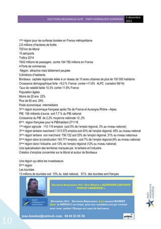 ELECTIONS REGIONALES ALPC PARTI FEDERALISTE EUROPEEN
6 décembre
2015
10
1ère région pour les surfaces boisées en France métropolitaine
2,8 millions d’hectares de forêts
720 km de littoral
10 aéroports
Trafics 2014
7642 millions de passagers contre 164 785 millions en France
4 Ports de commerces
Région attractive mais faiblement peuplée
5,9millions d’habitants
Bordeaux capitale régionale reliée à un réseau de 10 aires urbaines de plus de 100 000 habitants
Croissance démographique forte +9,3 % France contre +11,6% ALPC (variation 99/14)
Taux de natalité faible 10,3% contre 11,8% France
Population âgées
Moins de 20 ans 22%
Plus de 60 ans 29%
Poids économique intermédiaire
3ème région économique française après l’île de France et Auvergne Rhône –Alpes
PIB 158 milliards d’euros soit 7,7 % du PIB national
Croissance du PIB de 2,2% moyenne nationale +2 ,2%
6ème région française pour le PIB/habitant 27111€
1ère région agricole 115 119 emplois (soit 5% de l’emploi régional, 3% au niveau national)
3ème région tertiaire marchand 1 013 575 emplois soit 43% de l’emploi régional, 48% au niveau national
3ème région tertiaire non marchand 756 722 soit 33% de l’emploi régional, 31% au niveau nationaux
5ème région dans la construction 163 771 emplois ; soit 7% de l’emploi régional (6% au niveau national)
5ème région dans l’industrie, soit 12% de l’emploi régional (12% au niveau national)
Une spécialisation des territoires marquée par le tertiaire et l’industrie
Création d’emplois concentrés sur le littoral et autour de Bordeaux
Une région qui attire les investisseurs
5ème région
Les touristes
13 millions de touristes soit 10% du total national, 81% des touristes sont français
 