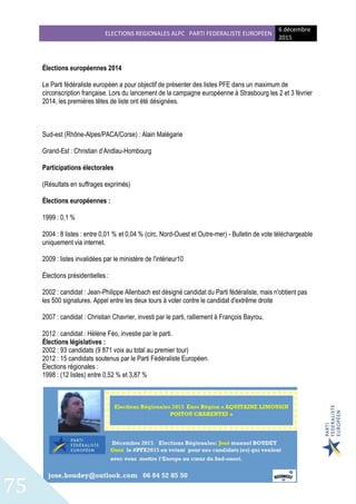 ELECTIONS REGIONALES ALPC PARTI FEDERALISTE EUROPEEN
6 décembre
2015
75
Élections européennes 2014
Le Parti fédéraliste européen a pour objectif de présenter des listes PFE dans un maximum de
circonscription française. Lors du lancement de la campagne européenne à Strasbourg les 2 et 3 février
2014, les premières têtes de liste ont été désignées.
Sud-est (Rhône-Alpes/PACA/Corse) : Alain Malégarie
Grand-Est : Christian d’Andlau-Hombourg
Participations électorales
(Résultats en suffrages exprimés)
Élections européennes :
1999 : 0,1 %
2004 : 8 listes : entre 0,01 % et 0,04 % (circ. Nord-Ouest et Outre-mer) - Bulletin de vote téléchargeable
uniquement via internet.
2009 : listes invalidées par le ministère de l'intérieur10
Élections présidentielles :
2002 : candidat : Jean-Philippe Allenbach est désigné candidat du Parti fédéraliste, mais n'obtient pas
les 500 signatures. Appel entre les deux tours à voter contre le candidat d'extrême droite
2007 : candidat : Christian Chavrier, investi par le parti, ralliement à François Bayrou.
2012 : candidat : Hélène Féo, investie par le parti.
Élections législatives :
2002 : 93 candidats (9 871 voix au total au premier tour)
2012 : 15 candidats soutenus par le Parti Fédéraliste Européen.
Élections régionales :
1998 : (12 listes) entre 0,52 % et 3,87 %
 