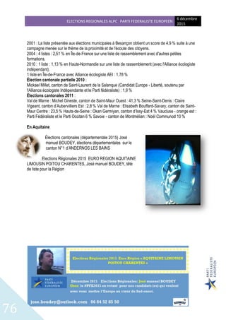 ELECTIONS REGIONALES ALPC PARTI FEDERALISTE EUROPEEN
6 décembre
2015
76
2001 : La liste présentée aux élections municipales à Besançon obtient un score de 4,9 % suite à une
campagne menée sur le thème de la proximité et de l'écoute des citoyens.
2004 : 4 listes : 2,51 % en Île-de-France sur une liste de rassemblement avec d'autres petites
formations.
2010 : 1 liste : 1,13 % en Haute-Normandie sur une liste de rassemblement (avec l'Alliance écologiste
indépendant).
1 liste en Île-de-France avec Alliance écologiste AEI : 1,78 %
Élection cantonale partielle 2010 :
Mickael Millet, canton de Saint-Laurent de la Salanque (Candidat Europe - Liberté, soutenu par
l'Alliance écologiste Indépendante et le Parti fédéraliste) : 1,9 %
Élections cantonales 2011 :
Val de Marne : Michel Gineste, canton de Saint-Maur Ouest : 41,3 % Seine-Saint-Denis : Claire
Vigeant, canton d’Aubervilliers Est : 2,8 % Val de Marne : Elisabeth Bouffard-Savary, canton de Saint-
Maur Centre : 23,5 % Hauts-de-Seine : Okan Germiyan, canton d’Issy-Est 4 % Vaucluse - orange est :
Parti Fédéraliste et le Parti Occitan 6 % Savoie - canton de Montmélian : Noël Communod 10 %
En Aquitaine
Élections cantonales (départementale 2015) José
manuel BOUDEY, élections départementales sur le
canton N°1 d’ANDERNOS LES BAINS
Elections Régionales 2015 EURO REGION AQUITAINE
LIMOUSIN POITOU CHARENTES, José manuel BOUDEY, tête
de liste pour la Région
 