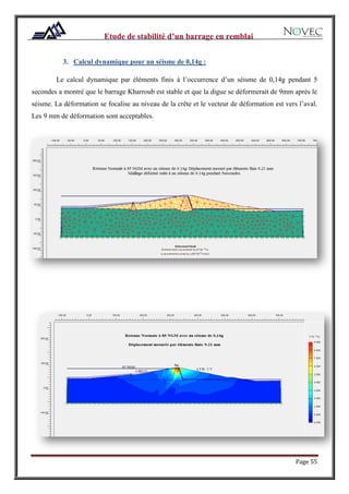 Page 55
3. Calcul dynamique pour un séisme de 0,14g :
Le calcul dynamique par éléments finis à l’occurrence d’un séisme de 0,14g pendant 5
secondes a montré que le barrage Kharroub est stable et que la digue se déformerait de 9mm après le
séisme. La déformation se focalise au niveau de la crête et le vecteur de déformation est vers l’aval.
Les 9 mm de déformation sont acceptables.
 