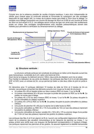 VERY Guillaume, INSA Strasbourg, spécialité Génie Civil, Rapport de Projet de fin d’études. 16
Compte tenu de la présence possible de cavités d’origine karstique, il sera donc indispensable de
vérifier sous chaque appui la continuité verticale et horizontale du substratum par des sondages
destructifs du type wagon drill. Le niveau de la pleine masse sera établi à 70cm sous le dallage. Le
remblais sous dallage comportera une couche de blocage de 40cm en 0-200 et une couche de forme
de 30cm en tout-venant 0-31,5. Les dallages seront conçus de type non armé avec des revêtements
posés sur chape. Des sondages complémentaires avec résultats préssiométriques doivent être
réalisés pour permettre la vérification du dimensionnement du dallage.
Figure II.1 : schéma de principe des fondations.
b) Structure verticale :
La structure verticale porteuse est constituée de portiques en béton armé disposés suivant les
axes transversaux, numérotés de A à K, selon une trame de 9,5m.
Etant donné la longueur du bâtiment (environ 100m), deux joints de dilatation sont mis en place.
Pour faciliter la réalisation de ces joints de dilatation, les portiques des files E et G ont été dédoublés
(E/E’ et G/G’) avec un entraxe de 2m, ce qui permet de traiter un des deux côtés du joint en porte-à-
faux.
On dénombre ainsi 13 portiques délimitant 10 travées de dalle de 9,5m et 2 travées de 2m en
console. Les portiques comportent les éléments suivants (voir coupe sur le plan de structure) :
• Un poteau 60 x 60 en façade arrière sur deux niveaux (RDC et niveau 1) sur la file .
• Un poteau intermédiaire 40 x 40 pour recouper la portée des poutres du RDC sur la file . Ce
poteau ne monte pas à l’étage.
• Un poteau 40 x 210 sur deux niveaux (RDC et niveau 1) sur la file . Ce poteau récupère la
poutre crémaillère du plateau supérieur.
• Un poteau 40 x 276 au RDC sur la file . Ce poteau récupère la poutre crémaillère du plateau
inférieur.
• Une poutre de plancher 40 x 80 pour la reprise de la dalle haute du RDC.
• Une poutre crémaillère au RDC 40 x 115 d’une portée de 10m (à l’axe des poteaux) reprenant
les gradins du plateau inférieur.
• Une poutre crémaillère de hauteur variable 40 x 100 à 40 x 175 au premier étage d’une portée
de 11,6m (à l’axe des poteaux) reprenant les gradins du plateau supérieur.
Les portiques des files A et K (en pignon) et B et J auront une configuration légèrement différente en
raison de la présence des escaliers monumentaux et de l’absence de plancher au niveau 1. Le
poteau arrière sera vérifié avec une longueur de flambement correspondante à 2 hauteurs d’étage.
Les portiques reprennent les planchers et les gradins. Ils assurent également la stabilité transversale
Revêtements de sol (épaisseur 5cm) Couche de forme en tout-venant
0-31,5 (épaisseur 30cm)
Dallage (épaisseur 15cm)
Couche de blocage 0-
200 (épaisseur 40cm)
Pieu foré tubé (diamètre 800mm)
Tête de pieu
Longrine de
redressement
Terrain naturel
 