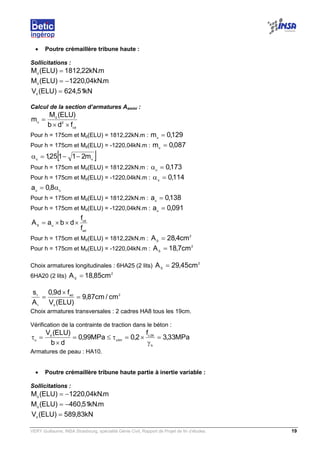 VERY Guillaume, INSA Strasbourg, spécialité Génie Civil, Rapport de Projet de fin d’études. 19
• Poutre crémaillère tribune haute :
Sollicitations :
m.kN22,1812)ELU(Md
=
m.kN04,1220)ELU(Md
−=
kN51,624)ELU(Vd
=
Calcul de la section d’armatures Asmini :
cd
2
d
u
fdb
)ELU(M
m
××
=
Pour h = 175cm et Md(ELU) = 1812,22kN.m : 129,0mu
=
Pour h = 175cm et Md(ELU) = -1220,04kN.m : 087,0mu
=
[ ]uu
m21125,1 −−=α
Pour h = 175cm et Md(ELU) = 1812,22kN.m : 173,0u
=α
Pour h = 175cm et Md(ELU) = -1220,04kN.m : 114,0u
=α
uu
8,0a α=
Pour h = 175cm et Md(ELU) = 1812,22kN.m : 138,0au
=
Pour h = 175cm et Md(ELU) = -1220,04kN.m : 091,0au
=
ed
cd
uS
f
f
dbaA ×××=
Pour h = 175cm et Md(ELU) = 1812,22kN.m :
2
S
cm4,28A =
Pour h = 175cm et Md(ELU) = -1220,04kN.m :
2
S
cm7,18A =
Choix armatures longitudinales : 6HA25 (2 lits)
2
S
cm45,29A =
6HA20 (2 lits)
2
S
cm85,18A =
2
d
ed
t
t
cm/cm87,9
)ELU(V
fd9,0
A
s
=
×
=
Choix armatures transversales : 2 cadres HA8 tous les 19cm.
Vérification de la contrainte de traction dans le béton :
MPa33,3
f
2,0MPa99,0
db
)ELU(V
b
28c
limu
d
u
=
γ
×=τ≤=
×
=τ
Armatures de peau : HA10.
• Poutre crémaillère tribune haute partie à inertie variable :
Sollicitations :
m.kN04,1220)ELU(Md
−=
m.kN51,460)ELU(Md
−=
kN83,589)ELU(Vd
=
 