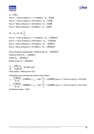 VERY Guillaume, INSA Strasbourg, spécialité Génie Civil, Rapport de Projet de fin d’études. 22
uu
8,0a α=
Pour h = 115cm et Md(ELU) = -1114,89kN.m : 205,0au
=
Pour h = 115cm et Md(ELU) = 678,72kN.m : 108,0au
=
Pour h = 80cm et Md(ELU) = -273,93kN.m : 098,0au
=
Pour h = 80cm et Md(ELU) = 757,86kN.m : 304,0au
=
ed
cd
uS
f
f
dbaA ×××=
Pour h = 115cm et Md(ELU) = -1114,89kN.m :
2
S
cm60,27A =
Pour h = 115cm et Md(ELU) = 678,72kN.m :
2
S
cm53,14A =
Pour h = 80cm et Md(ELU) = -273,93kN.m :
2
S
cm20,9A =
Pour h = 80cm et Md(ELU) = 757,86kN.m :
2
S
cm55,28A =
Choix armatures longitudinales : 6HA25 (2 lits)
2
S
cm45,29A =
3HA20 et 3HA16
2
S
cm45,15A =
3HA20
2
S
cm45,29A =
6HA25 (2 lits)
2
S
cm45,29A =
2
d
ed
t
t
cm/cm11,6
)ELU(V
fd9,0
A
s
=
×
=
Choix cadres : HA8 tous les 12cm.
Vérification de la contrainte de traction dans le béton :
MPa33,3
f
2,0MPa14,1
db
)ELU(V
b
28c
limu
d
u
=
γ
×=τ≤=
×
=τ pour h = 115cm et Vd(ELU) = 475,07kN
MPa33,3
f
2,0MPa60,1
db
)ELU(V
b
28c
limu
d
u
=
γ
×=τ≤=
×
=τ pour h = 115cm et Vd(ELU) = 461,31kN
Armatures de peau : HA10.
 