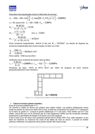 VERY Guillaume, INSA Strasbourg, spécialité Génie Civil, Rapport de Projet de fin d’études. 30
Fissuration très préjudiciable (calcul à l’état limite de service) :
{ } MPa200f110;f5,0max;f
3
2
min8,08,0 tjeeS
=





×η×××=ξ=σ
6,1=η (aciers HA) MPa1,2f06,06,0f 28ctj
=×+=
134,0
n/db
)ELS(M
m
S
2
d
S
=
σ××
=
)1(2
)3/1(
m
2
S
α−
α−α
= d’où 423,0=α
2
S
d
S
cm72,9
d)3/1(
)ELS(M
A =
σ××α−
=
Choix armatures longitudinales : 6HA16 (2 lits) soit
2
S
cm10,12A = (on décide de disposer les
armatures longitudinales dans toute la largeur du talon sur 2 lits).
2
d
ed
t
t
cm/cm34,39
)ELU(V
fd9,0
A
s
=
×
=
Choix cadres : HA8 tous les 20cm.
Vérification de la contrainte de traction dans le béton :
MPa33,3
f
2,0MPa58,0
db
)ELU(V
b
28c
limu
d
u
=
γ
×=τ≤=
×
=τ
Armatures de peau : HA10 et HA12 (5cm² par mètre de longueur de paroi mesuré
perpendiculairement à leur direction).
Figure II.13 : principe de ferraillage en fissuration très préjudiciable.
• Calcul en torsion (phase chantier) :
Pose de la poutre préfabriquée n°i+1 :
On cherche a mettre en œuvre ces gradins sans utiliser d’étais. Les gradins préfabriqués seront
posés en partant du haut et en allant vers le bas, la table de compression du gradin n°i+1 s’appuyant
sur le talon du gradin n°i. Lorsque le gradin préfabriqué n°i+1 est posé, il faut vérifier que le n°i est
stable, c'est-à-dire qu’il ne se renverse pas et il faut également vérifier que les armatures calculées
auparavant lui permettent de résister à la torsion qui lui est appliqué.
Il est à noter qu’un tel calcul n’est quasiment jamais fait en phase APS. Pour cette opération, le but
étant de minimiser au maximum les coûts et les délais de mise en œuvre, il pouvait se révéler
judicieux d’effectuer une approche de la phase chantier dès l’avant projet.
 