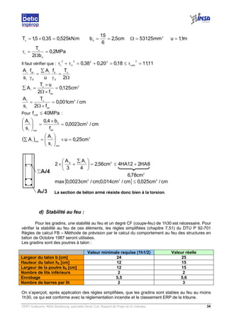 VERY Guillaume, INSA Strasbourg, spécialité Génie Civil, Rapport de Projet de fin d’études. 34
m.kN525,035,05,1Tu
=×= cm5,2
6
15
b0
== 2
mm53125=Ω m1,1u =
MPa2,0
b2
T
0
u
t
=
Ω
=τ
Il faut vérifier que : 11,1118,020,038,0
2
limu
222
V
2
t
=τ≤=+=τ+τ
Ω
=
γ
∑
=
γ 2
Tf
u
Af
s
A u
S
el
S
et
t
t
2
ed
u
l
cm125,0
f2
uT
A =
×Ω
×
=∑
cm/cm001,0
f2
T
s
A 2
ed
u
t
t
=
×Ω
=
Pour MPa40f 28c
≤ :
cm/cm0023,0
f
b4,0
s
A 2
ed
0
mint
t
=
×
=





( ) 2
mint
t
minl
cm25,0u
s
A
A =×





=∑
8HA212HA4cm56,2
4
A
3
A
2 2lS
+≤=




 ∑
+×
2
cm78,6
{ } cm/cm025,0cm/cm014,0;cm/cm0023,0max 222
≤
La section de béton armé résiste donc bien à la torsion.
d) Stabilité au feu :
Pour les gradins, une stabilité au feu et un degré CF (coupe-feu) de 1h30 est nécessaire. Pour
vérifier la stabilité au feu de ces éléments, les règles simplifiées (chapitre 7,51) du DTU P 92-701
Règles de calcul FB – Méthode de prévision par le calcul du comportement au feu des structures en
béton de Octobre 1987 seront utilisées.
Les gradins sont des poutres à talon :
Valeur minimale requise (1h1/2) Valeur réelle
Largeur du talon b [cm] 24 25
Hauteur du talon h0 [cm] 12 15
Largeur de la poutre b0 [cm] 12 15
Nombre de lits inférieurs 2 2
Enrobage 5,5 5,6
Nombre de barres par lit 2 3
On s’aperçoit, après application des règles simplifiées, que les gradins sont stables au feu au moins
1h30, ce qui est conforme avec la réglementation incendie et le classement ERP de la tribune.
 