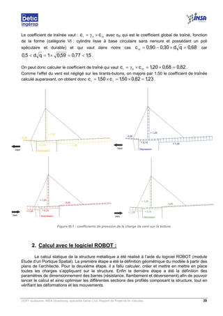 VERY Guillaume, INSA Strasbourg, spécialité Génie Civil, Rapport de Projet de fin d’études. 39
Le coefficient de traînée vaut : 00 tt
cc ×γ= avec ct0 qui est le coefficient global de traîné, fonction
de la forme (catégorie VI : cylindre lisse à base circulaire sans nervure et possédant un poli
spéculaire et durable) et qui vaut dans notre cas 6803009000
,qd,,ct
=×−= car
51770590150 ,,,qd, <=×=< .
On peut donc calculer le coefficient de traîné qui vaut 82068020100
,,,cc tt
=×=×γ= .
Comme l’effet du vent est négligé sur les tirants-butons, on majore par 1,50 le coefficient de traînée
calculé auparavant, on obtient donc 23,182,050,1c50,1c tt
=×=×= .
Figure III.1 : coefficients de pression de la charge de vent sur la toiture.
2. Calcul avec le logiciel ROBOT :
Le calcul statique de la structure métallique a été réalisé à l’aide du logiciel ROBOT (module
Etude d’un Portique Spatial). La première étape a été la définition géométrique du modèle à partir des
plans de l’architecte. Pour la deuxième étape, il a fallu calculer, créer et mettre en mettre en place
toutes les charges s’appliquant sur la structure. Enfin la dernière étape a été la définition des
paramètres de dimensionnement des barres (résistance, flambement et déversement) afin de pouvoir
lancer le calcul et ainsi optimiser les différentes sections des profilés composant la structure, tout en
vérifiant les déformations et les mouvements.
 