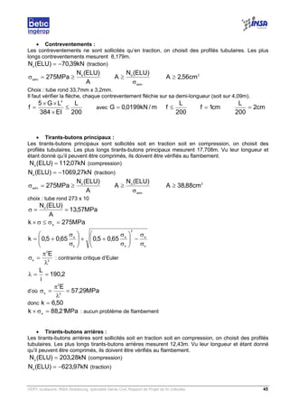 VERY Guillaume, INSA Strasbourg, spécialité Génie Civil, Rapport de Projet de fin d’études. 45
• Contreventements :
Les contreventements ne sont sollicités qu’en traction, on choisit des profilés tubulaires. Les plus
longs contreventements mesurent 8,179m.
kN39,70)ELU(Nd
−= (traction)
A
)ELU(N
MPa275 d
adm
≥=σ
adm
d
)ELU(N
A
σ
≥ 2
cm56,2A ≥
Choix : tube rond 33,7mm x 3,2mm.
Il faut vérifier la flèche, chaque contreventement fléchie sur sa demi-longueur (soit sur 4,09m).
200
L
EI384
LG5
f
4
≤
×
××
= avec m/kN0199,0G =
200
L
f ≤ cm1f = cm2
200
L
=
• Tirants-butons principaux :
Les tirants-butons principaux sont sollicités soit en traction soit en compression, on choisit des
profilés tubulaires. Les plus longs tirants-butons principaux mesurent 17,708m. Vu leur longueur et
étant donné qu’il peuvent être comprimés, ils doivent être vérifiés au flambement.
kN07,112)ELU(Nd
= (compression)
kN27,1069)ELU(Nd
−= (traction)
A
)ELU(N
MPa275 d
adm
≥=σ
adm
d
)ELU(N
A
σ
≥ 2
cm88,38A ≥
choix : tube rond 273 x 10
MPa57,13
A
)ELU(Nd
==σ
MPa275k e
=σ≤σ×
k
e
2
k
e
k
e
65,05,065,05,0k
σ
σ
−





σ
σ
++





σ
σ
+=
2
2
k
E
λ
π
=σ : contrainte critique d’Euler
2,190
i
L
==λ
d’où MPa29,57
E
2
2
k
=
λ
π
=σ
donc 50,6k =
MPa21,88k e
=σ× : aucun problème de flambement
• Tirants-butons arrières :
Les tirants-butons arrières sont sollicités soit en traction soit en compression, on choisit des profilés
tubulaires. Les plus longs tirants-butons arrières mesurent 12,43m. Vu leur longueur et étant donné
qu’il peuvent être comprimés, ils doivent être vérifiés au flambement.
kN28,203)ELU(Nd
= (compression)
kN97,623)ELU(Nd
−= (traction)
 