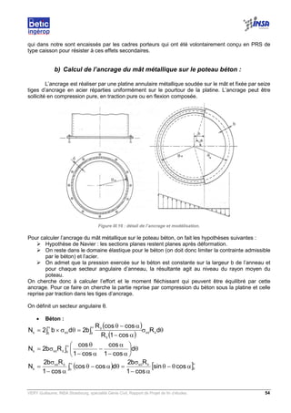VERY Guillaume, INSA Strasbourg, spécialité Génie Civil, Rapport de Projet de fin d’études. 54
qui dans notre sont encaissés par les cadres porteurs qui ont été volontairement conçu en PRS de
type caisson pour résister à ces effets secondaires.
b) Calcul de l’ancrage du mât métallique sur le poteau béton :
L’ancrage est réaliser par une platine annulaire métallique soudée sur le mât et fixée par seize
tiges d’ancrage en acier réparties uniformément sur le pourtour de la platine. L’ancrage peut être
sollicité en compression pure, en traction pure ou en flexion composée.
Figure III.16 : détail de l’ancrage et modélisation.
Pour calculer l’ancrage du mât métallique sur le poteau béton, on fait les hypothèses suivantes :
Hypothèse de Navier : les sections planes restent planes après déformation.
On reste dans le domaine élastique pour le béton (on doit donc limiter la contrainte admissible
par le béton) et l’acier.
On admet que la pression exercée sur le béton est constante sur la largeur b de l’anneau et
pour chaque secteur angulaire d’anneau, la résultante agit au niveau du rayon moyen du
poteau.
On cherche donc à calculer l’effort et le moment fléchissant qui peuvent être équilibré par cette
ancrage. Pour ce faire on cherche la partie reprise par compression du béton sous la platine et celle
reprise par traction dans les tiges d’ancrage.
On définit un secteur angulaire θ.
• Béton :
( )
( )
θσ
α−
α−θ
=θσ×= ∫∫
αα
dR
cos1R
coscosR
b2db2N 00b0
0
0
0 0bb
∫
α
θ





α−
α
−
α−
θ
σ= 000bb
d
cos1
cos
cos1
cos
Rb2N
( ) [ ]αα
αθ−θ
α−
σ
=θα−θ
α−
σ
= ∫ 0
00b
0
00b
b
cossin
cos1
Rb2
dcoscos
cos1
Rb2
N
e
 