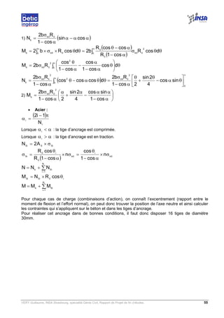 VERY Guillaume, INSA Strasbourg, spécialité Génie Civil, Rapport de Projet de fin d’études. 55
1) ( )αα−α
α−
σ
= cossin
cos1
Rb2
N 00b
b
( )
( )
θθσ
α−
α−θ
=θθ×σ×= ∫∫
αα
dcosR
cos1R
coscosR
b2dcosRb2M
2
00b0
0
0
0 00bb
∫
α
θ





θ
α−
α
−
α−
θ
σ= 0
2
2
00bb
dcos
cos1
cos
cos1
cos
Rb2M
( )
α
α






θα−
θ
+
θ
α−
σ
=θθα−θ
α−
σ
= ∫
0
2
00b
0
2
2
00b
b
sincos
4
2sin
2cos1
Rb2
dcoscoscos
cos1
Rb2
N
2) 





α−
αα
−
α
+
α
α−
σ
=
cos1
sincos
4
2sin
2cos1
Rb2
M
2
00b
b
• Acier :
( )
t
i
N
1i2 π−
=α
Lorsque α<αi
: la tige d’ancrage est comprimée.
Lorsque α>αi
: la tige d’ancrage est en traction.
SiSSi
A2N σ×=
( ) 0b
i
0b
0
i0
Si
n
cos1
cos
n
cos1R
cosR
σ×
α−
θ
=σ×
α−
θ
=σ
∑=
+=
tN
1i
Sib
NNN
i0SiSi
cosRNM θ×=
∑=
+=
tN
1i
Sib
MMM
Pour chaque cas de charge (combinaisons d’action), on connaît l’excentrement (rapport entre le
moment de flexion et l’effort normal), on peut donc trouver la position de l’axe neutre et ainsi calculer
les contraintes qui s’appliquent sur le béton et dans les tiges d’ancrage.
Pour réaliser cet ancrage dans de bonnes conditions, il faut donc disposer 16 tiges de diamètre
30mm.
 