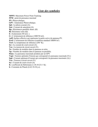 Liste des symboles
MPPT: Maximum Power Point Tracking.
PPM : point de puissance maximal
PV: Photovoltaïque.
GPV : Générateur Photovoltaïque.
Iph : Le photo-courant (A).
Isat : Courant de saturation (A).
Rp : Résistances parallèle shunt. (Ω)
Rs: Résistance série (Ω).
E : Eclairement (W/m2). ).
G : L’éclairement de référence (1000 W/m2).
Aeff: Surface effective qui représente la partie active de panneau PV.
Eref: L’éclairement de référence (condition standard 1000W/m²)
Tref : La température de référence (298 °K).
Icc : Le courant de court-circuit (A).
Vco : La tension de circuit ouvert (V).
Ns : Nombre de modules dans le panneau en série.
Np : Nombre de modules dans le panneau en parallèle.
Pmax : La puissance maximale produite par un GPV
Vopt : Tension optimale (Tension qui correspond à la puissance maximale (V).)
Iopt : Courant optimum (Courant qui correspond à la puissance maximale (A).)
Vco : Tension à circuit ouvert (V).
Icc : Courant de court-circuit (A)
K : coefficient de Boltzmann (1.38.10-23 J / K)
h : Constante de Planck (6.62.10-34 j.s).
 