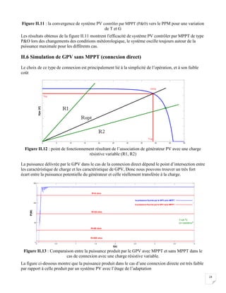 24
Figure II.11 : la convergence de système PV contrôler par MPPT (P&O) vers le PPM pour une variation
de T et G
Les résultats obtenus de la figure II.11 montrent l'efficacité de système PV contrôler par MPPT de type
P&O lors des changements des conditions météorologique, le système oscille toujours autour de la
puissance maximale pour les différents cas.
II.6 Simulation de GPV sans MPPT (connexion direct)
Le choix de ce type de connexion est principalement lié à la simplicité de l’opération, et à son faible
coût
Figure II.12 : point de fonctionnement résultant de l’association de générateur PV avec une charge
résistive variable (R1, R2)
La puissance délivrée par le GPV dans le cas de la connexion direct dépend le point d’intersection entre
les caractéristique de charge et les caractéristique de GPV, Donc nous pouvons trouver un très fort
écart entre la puissance potentielle du générateur et celle réellement transférée à la charge.
Figure II.13 : Comparaison entre la puissance produit par le GPV avec MPPT et sans MPPT dans le
cas de connexion avec une charge résistive variable.
La figure ci-dessous montre que la puissance produit dans le cas d’une connexion directe est très faible
par rapport à celle produit par un système PV avec l’étage de l’adaptation
0 5 10 15 20 25 30 35 40 45 50
Iop (A)
Vpv(V)
PPM
Iop
Vop
Ropt
R2
R1
0 0.5 1 1.5 2 2.5 3 3.5 4
0
50
100
150
t(s)
P(W)
R=20 ohm
R=50 ohm
R=500 ohm
R=5 ohm
la puissance fournie par le GPV avec MPPT
la puissance fournie par le GPV sans MPPT
T=25 o
C
G=1000W/m2
 