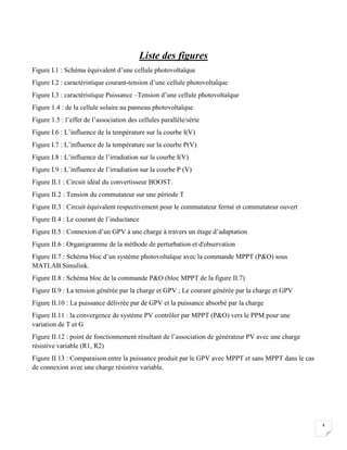 4
Liste des figures
Figure I.1 : Schéma équivalent d’une cellule photovoltaïque
Figure I.2 : caractéristique courant-tension d’une cellule photovoltaïque
Figure I.3 : caractéristique Puissance –Tension d’une cellule photovoltaïque
Figure 1.4 : de la cellule solaire au panneau photovoltaïque
Figure 1.5 : l’effet de l’association des cellules parallèle/série
Figure I.6 : L’influence de la température sur la courbe I(V)
Figure I.7 : L’influence de la température sur la courbe P(V)
Figure I.8 : L’influence de l’irradiation sur la courbe I(V)
Figure I.9 : L’influence de l’irradiation sur la courbe P (V)
Figure II.1 : Circuit idéal du convertisseur BOOST.
Figure II.2 : Tension du commutateur sur une période T
Figure II.3 : Circuit équivalent respectivement pour le commutateur fermé et commutateur ouvert
Figure II.4 : Le courant de l’inductance
Figure II.5 : Connexion d’un GPV à une charge à travers un étage d’adaptation
Figure II.6 : Organigramme de la méthode de perturbation et d'observation
Figure II.7 : Schéma bloc d’un système photovoltaïque avec la commande MPPT (P&O) sous
MATLAB Simulink.
Figure II.8 : Schéma bloc de la commande P&O (bloc MPPT de la figure II.7)
Figure II.9 : La tension générée par la charge et GPV ; Le courant générée par la charge et GPV
Figure II.10 : La puissance délivrée par de GPV et la puissance absorbé par la charge
Figure II.11 : la convergence de système PV contrôler par MPPT (P&O) vers le PPM pour une
variation de T et G
Figure II.12 : point de fonctionnement résultant de l’association de générateur PV avec une charge
résistive variable (R1, R2)
Figure II.13 : Comparaison entre la puissance produit par le GPV avec MPPT et sans MPPT dans le cas
de connexion avec une charge résistive variable.
 