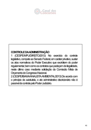 45
CONTROLEDAADMINISTRAÇÃO
1 (CESPE/MPU/DIREITO/2013) No exercício do controle
legislativo,competeaoSenadoFederal,emcaráterprivativo,sustar
os atos normativos do Poder Executivo que exorbitem do poder
regulamentar,bemcomooscontratosquepadeçamdeilegalidade,
neste último caso mediante solicitação da Comissão Mista de
OrçamentodoCongressoNacional.
2(CESPE/IBAMA/ANALISTAAMBIENTAL/2013)Deacordocom
o princípio da autotutela, o ato administrativo discricionário não é
passíveldecontrolepeloPoderJudiciário.
 