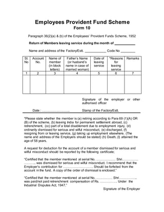 Employees Provident Fund Scheme
Form 10
Paragraph 36(2)(a) & (b) of the Employees’ Provident Funds Scheme, 1952
Return of Members leaving service during the month of
Name and address of the Factory/Estt. Code No
Sl.
No
Account
No.
Name of
member
(in block
letters)
Father’s Name
(or husband’s
name in case of
married woman)
Date of
leaving
service
*Reasons
for
leaving
service
Remarks
1 2 3 4 5 6 7
Signature of the employer or other
authorised officer
Date : …………………….. Stamp of the Factory/Estt.
*Please state whether the member is (a) retiring according to Para 69 (1)(A) OR
(B) of the scheme, (b) leaving India for permanent settlement abroad, (c)
retrenchment, (cc) part of a total disablement due to employment injury, (d)
ordinarily dismissed for serious and wilful misconduct, (e) discharged, (f)
resigning from or leaving service, (g) taking up employment elsewhere. (The
name and address of the Employers should be stated) (h) Death, (I) attained the
age of 58 years.
A request for deduction for the account of a member dismissed for serious and
wilful misconduct should be reported by the following certificate;
“Certified that the member mentioned at serial No. ……………… Shri……………
……….. was dismissed for serious and wilful misconduct. I recommend that the
Employer’s contribution for ………………………. Should be forfeited from the
account in the fund. A copy of the order of dismissal is enclosed.”
“Certified that the member mentioned at serial No. …………… Shri……………..
was paid/not paid retrenchment compensation of Rs. ……………. Under the
Industrial Disputes Act, 1947.”
Signature of the Employer
 