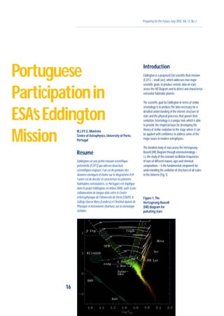 Preparing for the Future,July 2002,Vol.12,No.2
Introduction
Eddington is a proposed ESA scientific flexi-mission
(F2/F3 – small size),which addresses two major
scientific goals:to produce seismic data on stars
across the HR Diagram and to detect and characterize
extrasolar habitable planets.
The scientific goal for Eddington in terms of stellar
seismology is to produce the data necessary for a
detailed understanding of the interior structure of
stars and the physical processes that govern their
evolution.Seismology is a unique tool,which is able
to provide the empirical basis for developing the
theory of stellar evolution to the stage where it can
be applied with confidence to address some of the
major issues in modern astrophysics.
The detailed study of stars across the Hertzsprung-
Russell (HR) Diagram through asteroseismology –
i.e.the study of the resonant oscillation frequencies
of stars of different masses,ages and chemical
compositions – is the fundamental component for
understanding the evolution of structures of all scales
in the Universe (Fig.1).
16
M.J.P.F.G.Monteiro
Centre of Astrophysics,University of Porto,
Portugal
Résumé
Eddington est une petite mission scientifique
potentielle (F2/F3) qui adresse deux buts
scientifiques majeurs:l’un est de produire des
données sismiques d’étoiles sur le diagramme H-R;
l’autre est de déceler et caractériser les planètes
habitables extrasolaires.Le Portugal s’est impliqué
dans le projet Eddington,en début 2000,suite à une
collaboration de longue date entre le Centre
d’Astrophysique de l’Université de Porto (CAUP),le
Collège Queen Mary (Londres) et l’Institut danois de
Physique et Astronomie (Aarhus),sur la sismologie
stellaire.
Portuguese
Participationin
ESA’sEddington
Mission
Figure 1.The
Hertzsprung-Russell
(HR) diagram for
pulsating stars
 