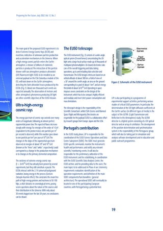 Preparing for the Future,July 2002,Vol.12,No.2
The main goal of the proposed EUSO experiment is to
detect Extreme Energy Cosmic Rays (EECR) and
neutrinos,indicative of unknown particle production
and acceleration mechanisms in the Universe.When
a high-energy cosmic particle enters the Earth’s
atmosphere,a shower of billions of relativistic
particles is produced.The interaction of this particle
shower with our atmosphere produces ultraviolet
(UV) fluorescent light.EUSO,to be installed as an
external payload on the ESA Columbus module of the
ISS,will look down on the Earth’s atmosphere,
detecting the faint ultraviolet traces produced by the
EECRs (Fig.1).About one thousand such events are
expected annually.The observation of meteors and
other atmospheric phenomena producing UV light
are other scientific objectives of the EUSO mission.
Ultra-high-energy
cosmic rays
The energy spectrum of cosmic rays extends over many
orders of magnitude,following an almost perfect
exponential power law.The expected fluxes decrease
steeply with energy.For energies of the order of 1 GeV
(equivalent to the proton mass),one particle per m2
per second is observed,while this number goes down
to one particle per km2
per year at 109
GeV.The
changes in the slope of the exponential spectrum
observed at energies of about 106
and 109
GeV
(known as the "knee" and "ankle",respectively) could
correspond to a change in the production mechanism
or to changes in the primary elemental composition.
The existence of extreme-energy cosmic rays
(E > 3x1010
GeV) has already been proven by several
experiments,but they still constitute a puzzle.The
EECRs interact with the 2.7 K universal background
radiation,losing energy in the process (Greisen-
Zatsepin-Kuzmin effect).This constrains the mean free
path of high-energy protons and nucleons to 50-100
Mpc,a short distance in cosmological terms,posing
severe questions about the nature of the sources and
their distribution in the Universe.With only about
30 events logged over the last 30 years,no conclusions
can be drawn.
The EUSO telescope
TheEUSOinstrument(Fig. 2)consistsofawide-angle
opticalsystem(Fresnellenses)concentratingtheUV
lightontoalargefocalsurfacemadeupofthousandsof
multipixelphotomultipliers.On-boardelectronicstake
careoftheoveralltriggeringanddata-taking
operations,uptoandincludingdataselectionand
transmission.TheEUSOdesigncriteriaarebasedonan
orbitalaltitudeofabout380km,afieldofviewof
±30°aroundthezenithangle,anareaontheground
correspondingtoapixelofabout1km2
,andanenergy
thresholdofabout3x1010
GeV.Operatinginspace
imposessevereconstraintsonthedesignofthe
instrument,whichhastobecompact,highlyefficient
andmodular,andmeetstrictpower-consumptionand
masslimitations.
Thetelescope’sdesignistheresponsibilityofthe
ScientificConsortium,whilstESA’sScienceandManned
SpaceFlightandMicrogravityDirectoratesare
responsibleforthepayload.EUSOisacollaborativeeffort
byresearchgroupsfromEurope,JapanandtheUSA.
Portugal’s contribution
In the EUSO study phase,LIP is responsible for the
coordination of the EUSO Science Operations and Data
Centre Subsystem (SODC).The SODC must generate
EUSO-specific commands,monitor the instrument’s
health and performance,and notify any relevant
scientific/ monitoring events.It will also be
responsible for the preliminary calibration of the
EUSO instrument,and for establishing,in coordination
with the EUSO Scientific Data Analysis Centre,the
EUSO archive,and for providing data to the users.The
main topics to be addressed in Phase-A are:telemetry
requirements evaluation;identification of the
operation requirements;and definition of the main
SODC components/functionalities (general
architecture).The operational SODC will eventually be
located in one of the participating European
countries,with Portugal being a potential host.
19
Figure 2.Schematic of the EUSO instrument
LIP is also participating in a programme of
experimental support activities,performing various
studies of critical EUSO parameters.In particular,the
determination of the UV light-diffusion coefficients at
the Earth’s surface (in different types of media) is the
subject of the ULTRA (LightTransmission and
Reflection in the Atmosphere) study.The ULTRA
detector is a hybrid system consisting of a UV optical
detector and an array of scintilators.The development
of the position determination and synchronisation
system is the responsibility of the Portuguese group,
which will also be taking part in simulation and
analysis software development and in education and
public outreach programmes.
 