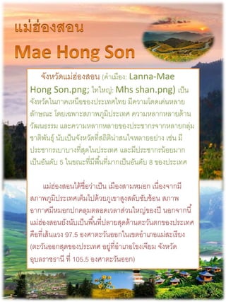 จังหวัดแม่ฮ่องสอน (คำเมือง: Lanna-Mae
Hong Son.png; ไทใหญ่: Mhs shan.png) เป็น
จังหวัดในภำคเหนือของประเทศไทย มีควำมโดดเด่นหลำย
ลักษณะ โดยเฉพำะสภำพภูมิประเทศ ควำมหลำกหลำยด้ำน
วัฒนธรรม และควำมหลำกหลำยของประชำกรจำกหลำยกลุ่ม
ชำติพันธุ์ นับเป็นจังหวัดที่สถิติน่ำสนใจหลำยอย่ำง เช่น มี
ประชำกรเบำบำงที่สุดในประเทศ และมีประชำกรน้อยมำก
เป็นอันดับ 5 ในขณะที่มีพื้นที่มำกเป็นอันดับ 8 ของประเทศ
แม่ฮ่องสอนได้ชื่อว่ำเป็น เมืองสำมหมอก เนื่องจำกมี
สภำพภูมิประเทศเต็มไปด้วยภูเขำสูงสลับซับซ้อน สภำพ
อำกำศมีหมอกปกคลุมตลอดเวลำส่วนใหญ่ของปี นอกจำกนี้
แม่ฮ่องสอนยังนับเป็นพื้นที่ปลำยสุดด้ำนตะวันตกของประเทศ
คือที่เส้นแวง 97.5 องศำตะวันออกในเขตอำเภอแม่สะเรียง
(ตะวันออกสุดของประเทศ อยู่ที่อำเภอโขงเจียม จังหวัด
อุบลรำชธำนี ที่ 105.5 องศำตะวันออก)
 